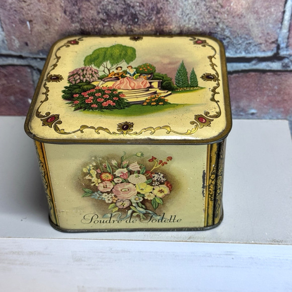 Vintage 1940’s Lander Poudre De Toilette Powder Tin Empty Courting Scene Floral - Picture 1 of 10